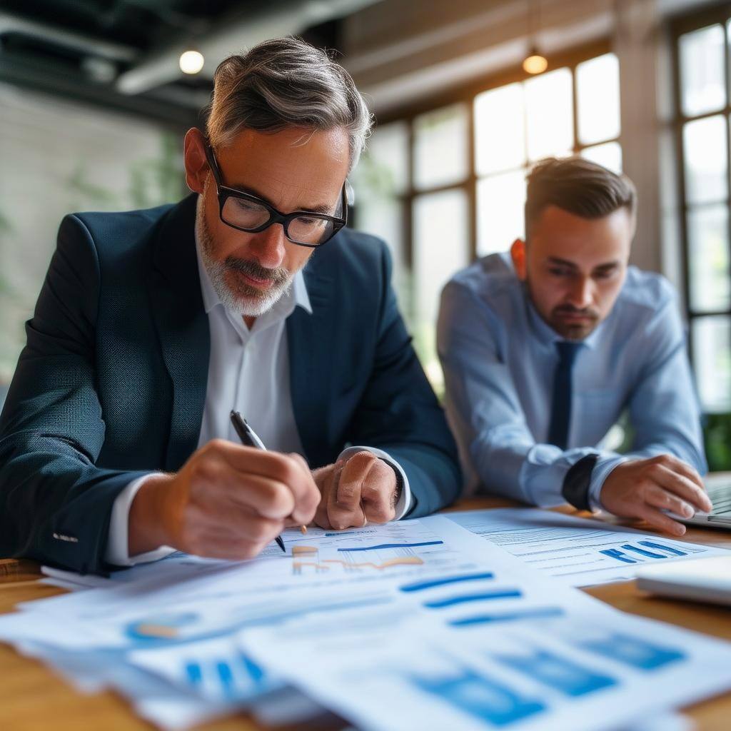 professionals looking at financial documents trying to find ways to cut costs